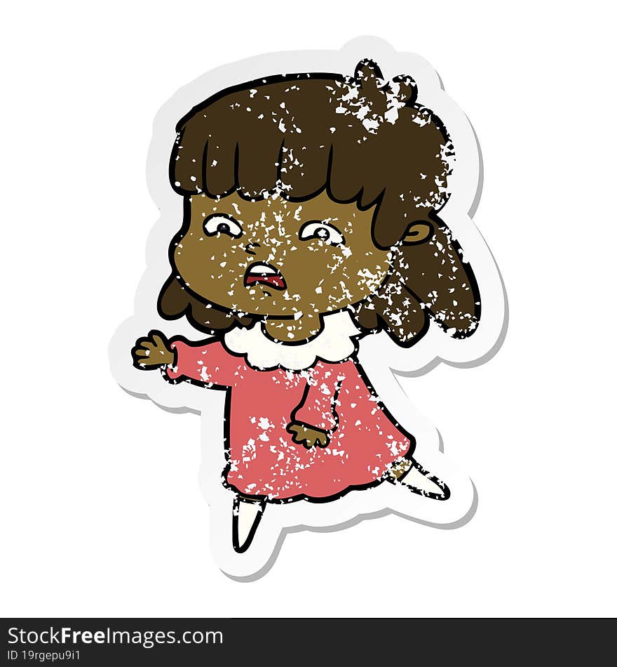 distressed sticker of a cartoon worried woman