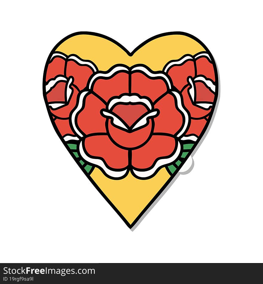 sticker of tattoo in traditional style of a heart and flowers. sticker of tattoo in traditional style of a heart and flowers