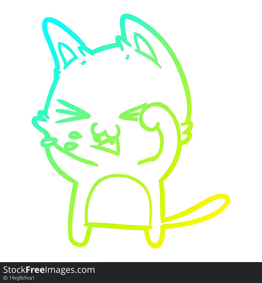 cold gradient line drawing of a cartoon cat hissing