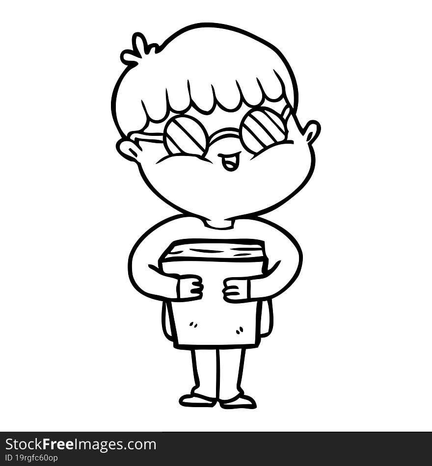 cartoon boy wearing spectacles carrying book. cartoon boy wearing spectacles carrying book