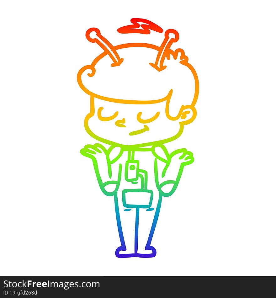 Rainbow Gradient Line Drawing Friendly Cartoon Spaceman Shrugging