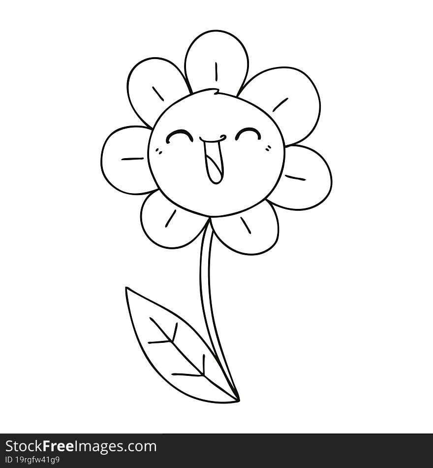 Quirky Line Drawing Cartoon Happy Flower