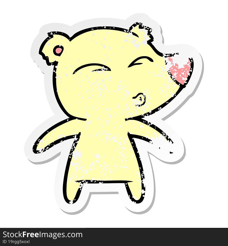 distressed sticker of a cartoon whistling bear