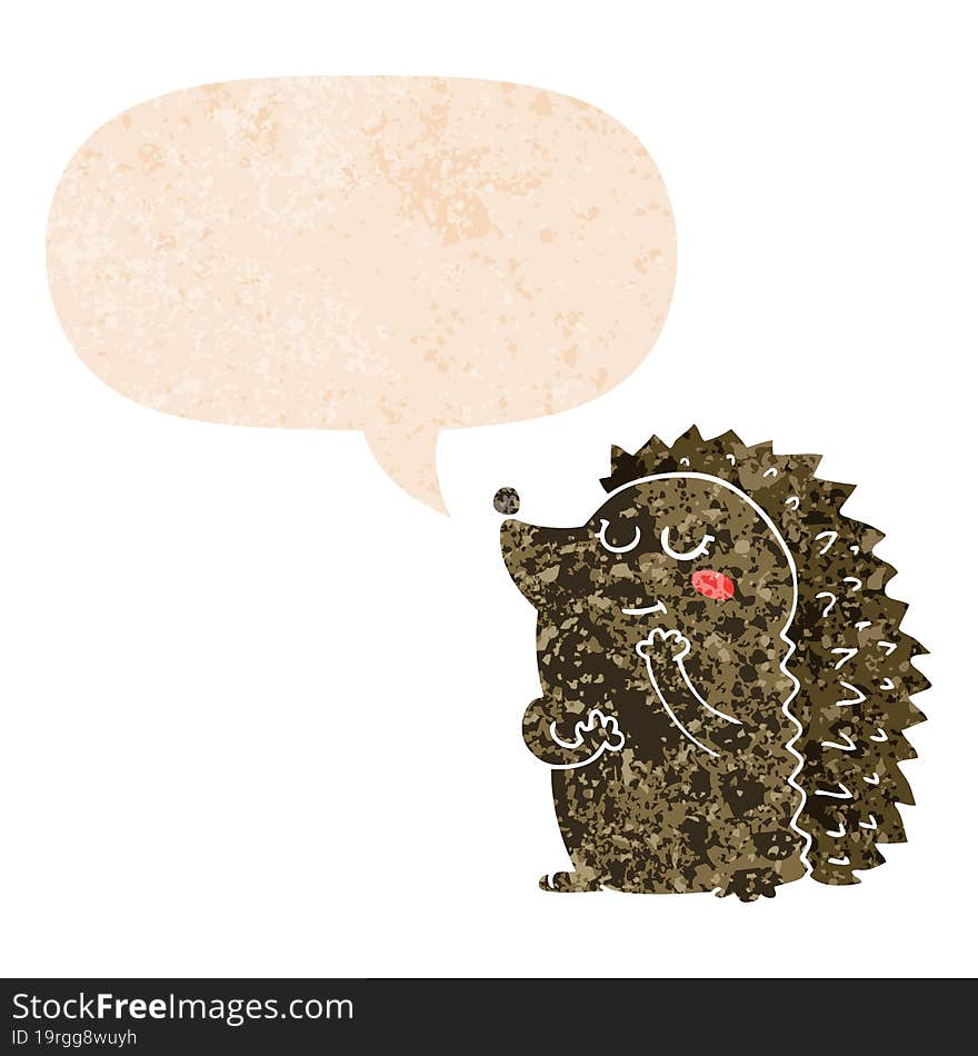 cute cartoon hedgehog and speech bubble in retro textured style