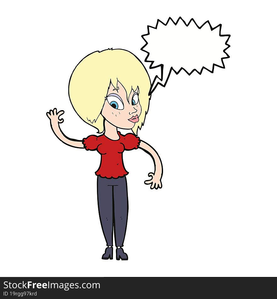 cartoon woman waving with speech bubble