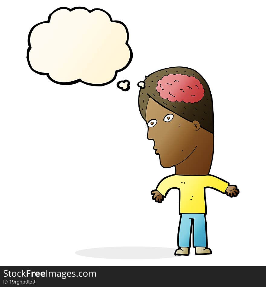 cartoon man with brain symbol with thought bubble