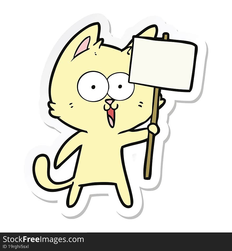 Sticker Of A Funny Cartoon Cat With Sign