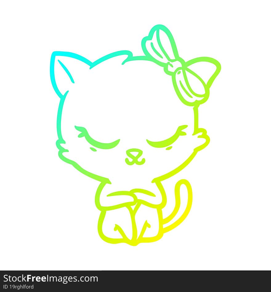 cold gradient line drawing cute cartoon cat with bow