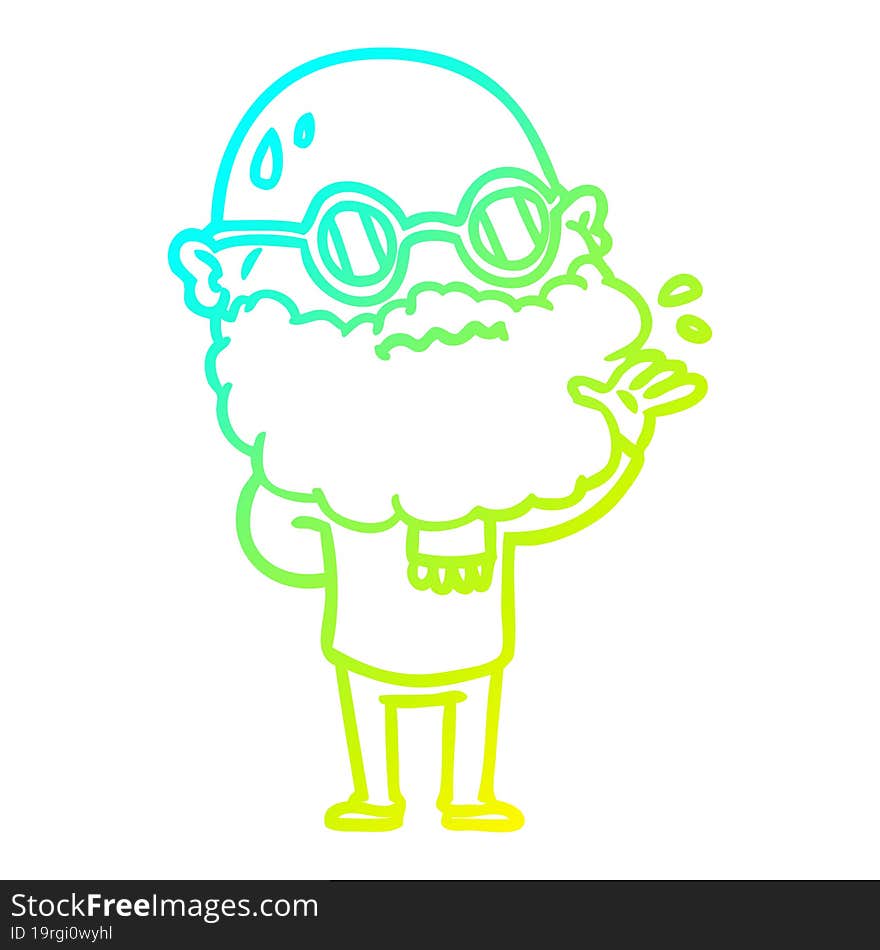 cold gradient line drawing of a cartoon worried man with beard and spectacles