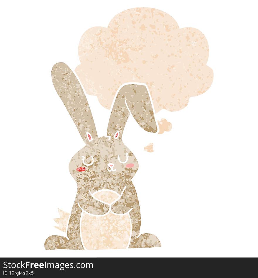 cartoon rabbit with thought bubble in grunge distressed retro textured style. cartoon rabbit with thought bubble in grunge distressed retro textured style