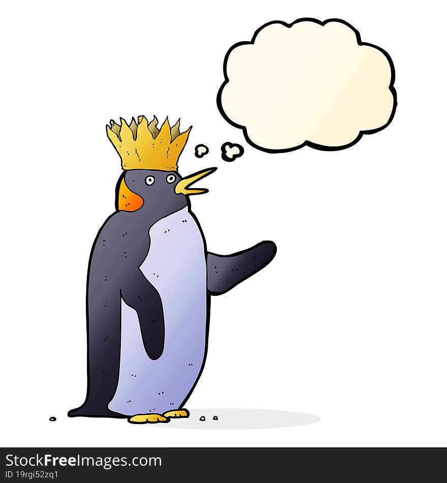 cartoon emperor penguin waving with thought bubble