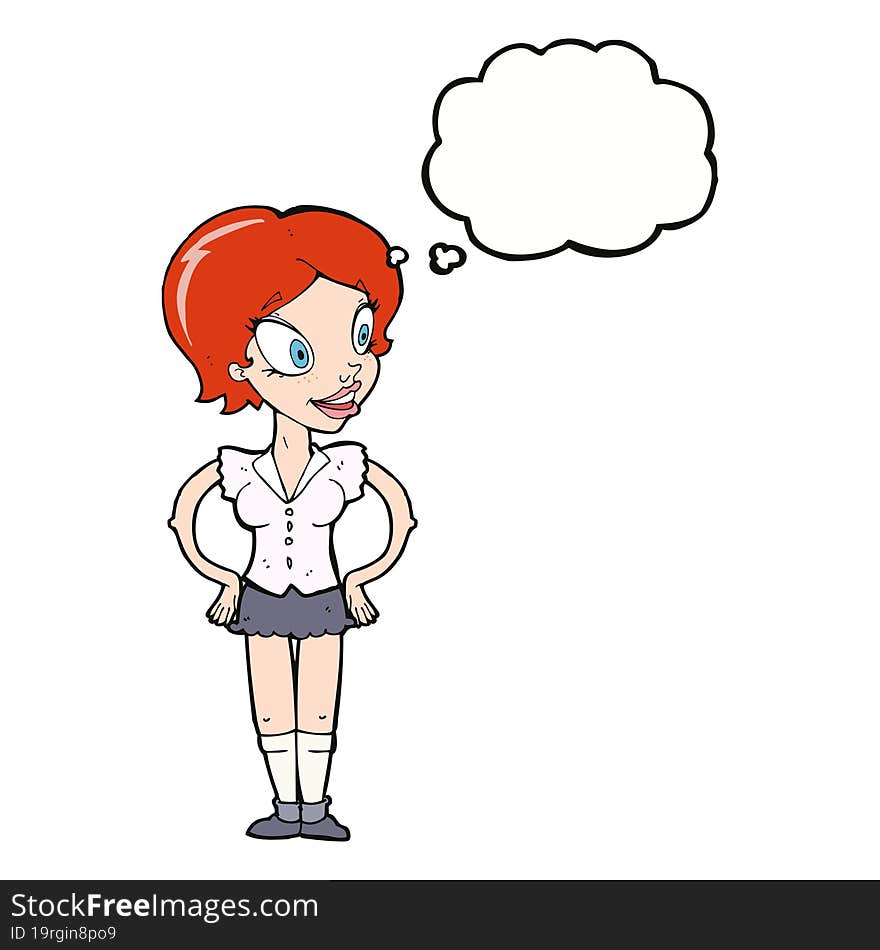 cartoon happy woman in short skirt with thought bubble