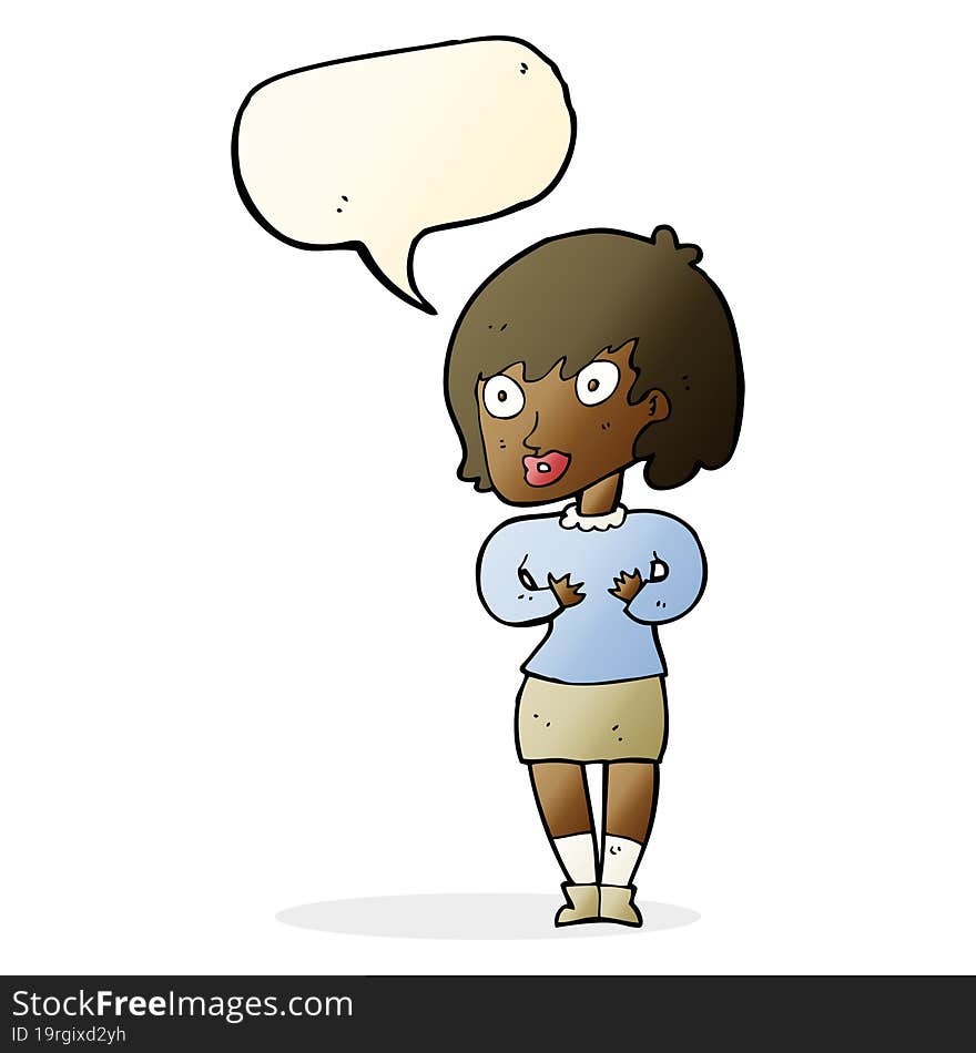 cartoon woman making Who Me gesture with speech bubble