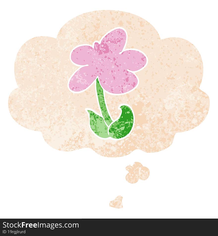 Cute Cartoon Flower And Thought Bubble In Retro Textured Style