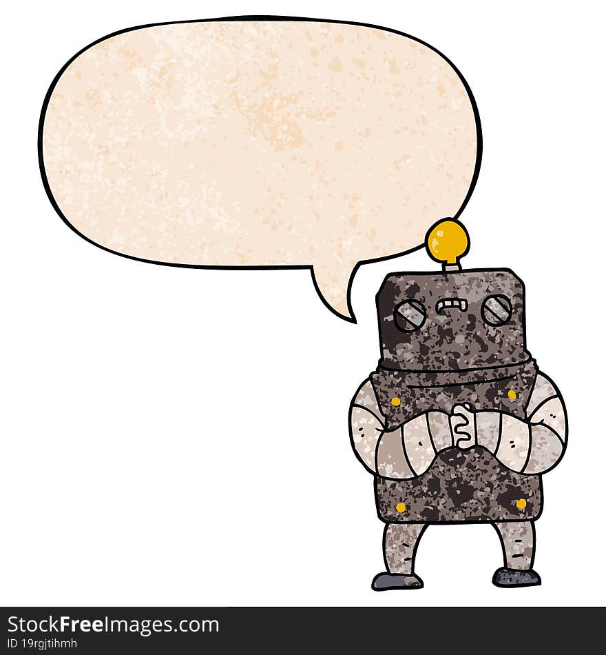 cartoon robot and speech bubble in retro texture style