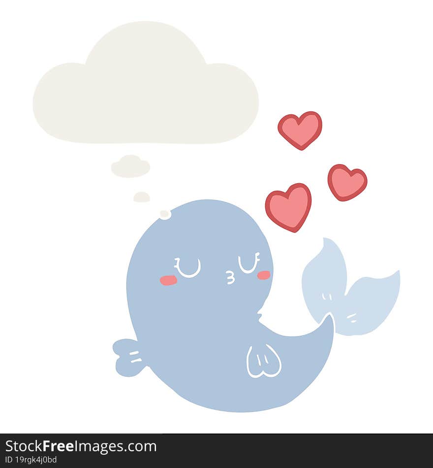 cute cartoon whale in love with thought bubble in retro style