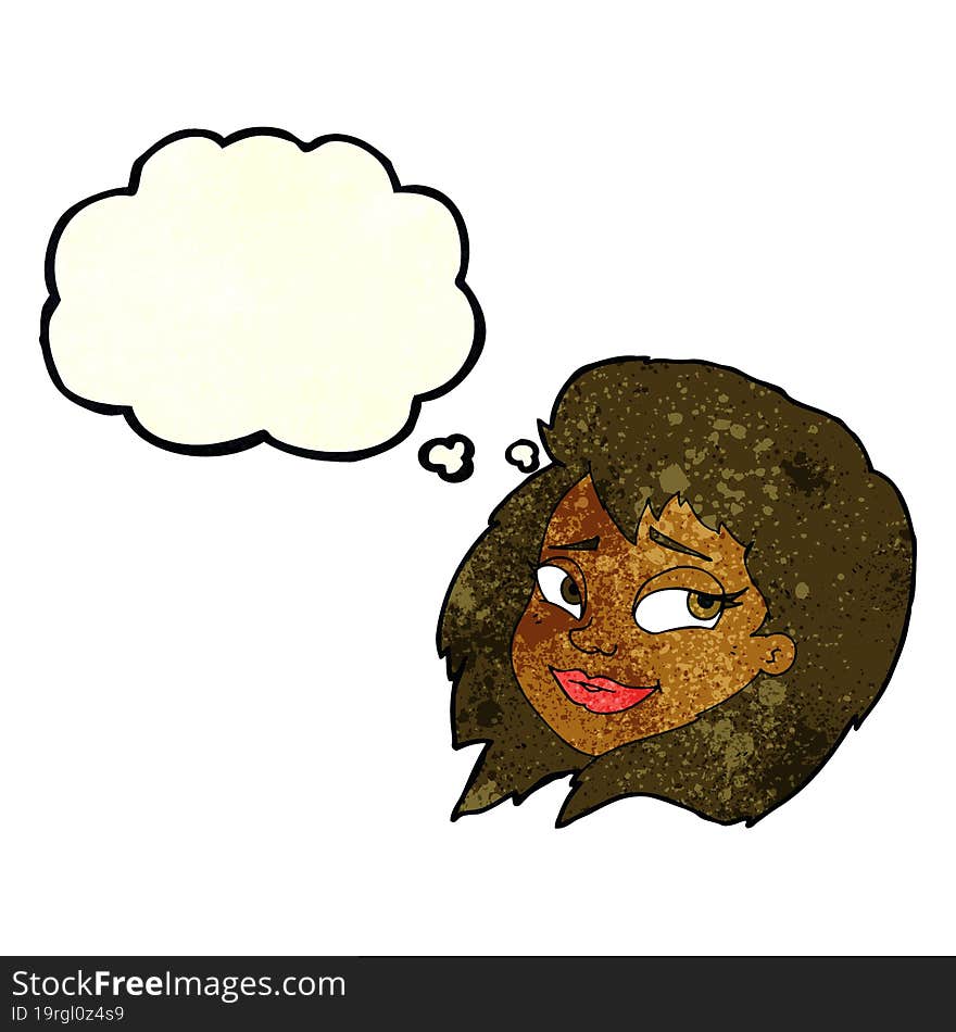 cartoon happy female face with thought bubble