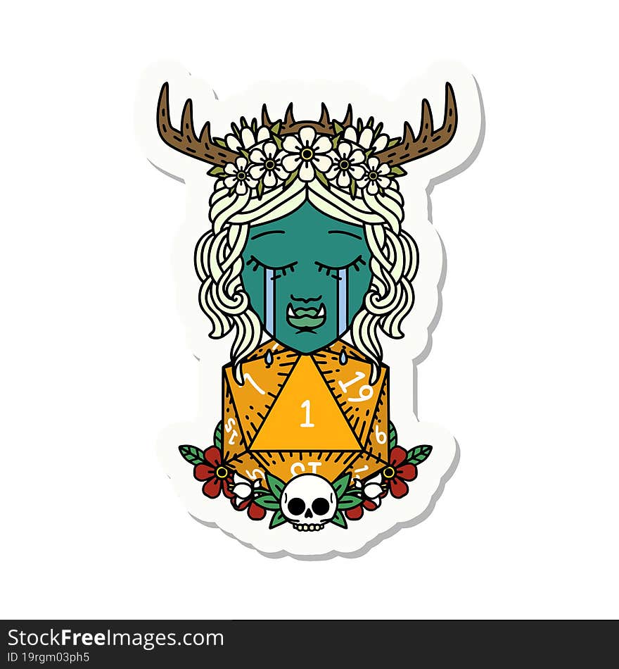 sad half orc druid character with natural one dice roll sticker