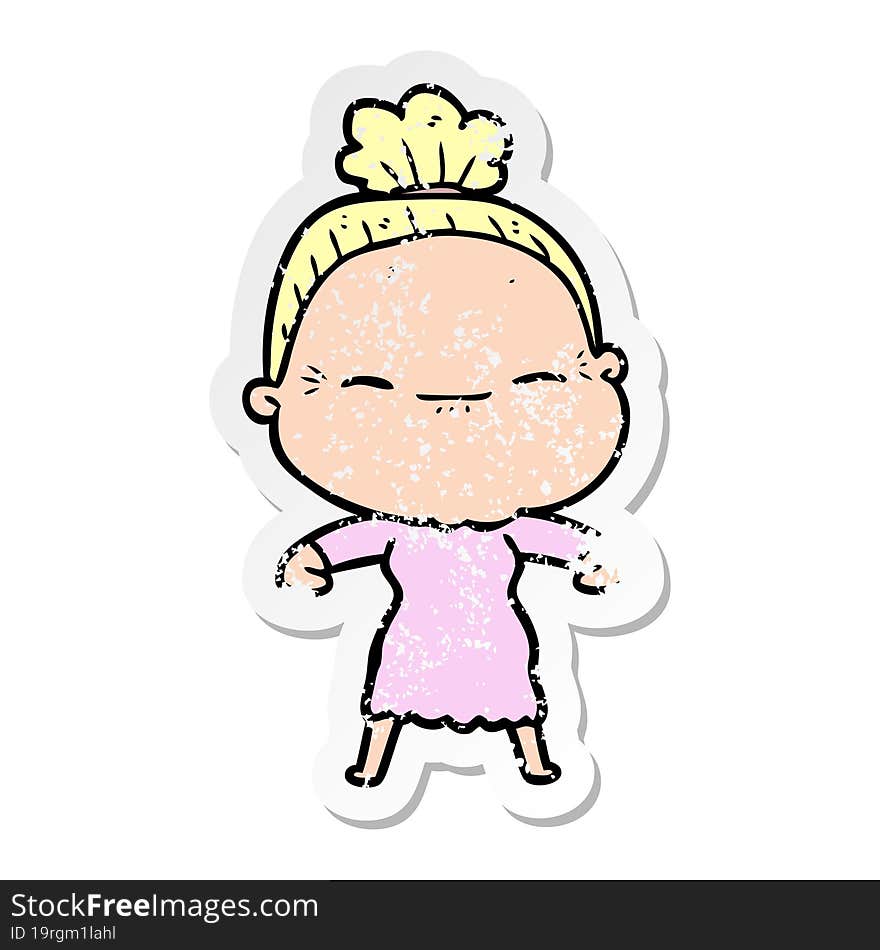 distressed sticker of a cartoon peaceful old woman