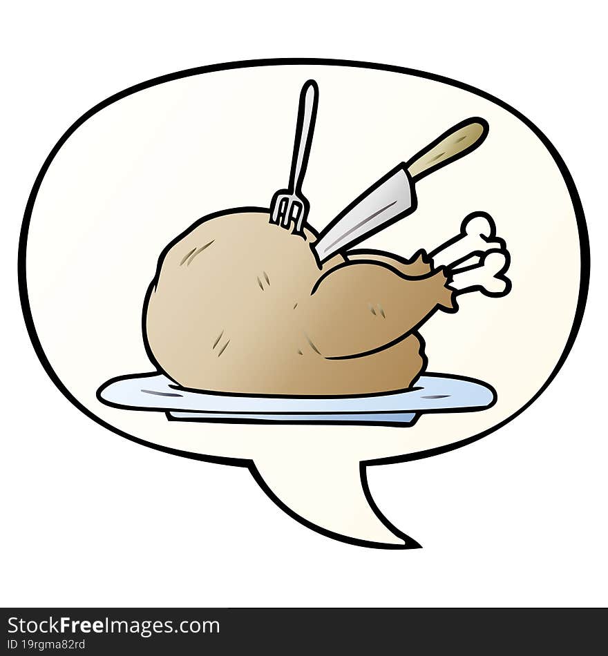 cartoon cooked turkey being carved and speech bubble in smooth gradient style