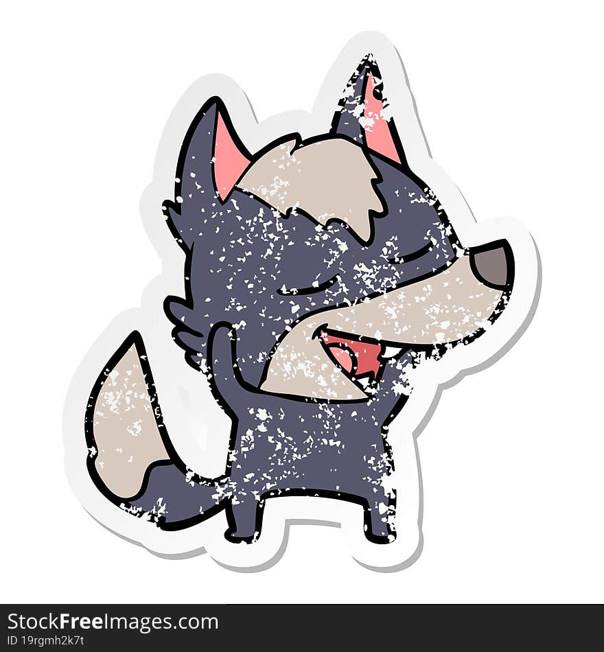 distressed sticker of a cartoon wolf laughing