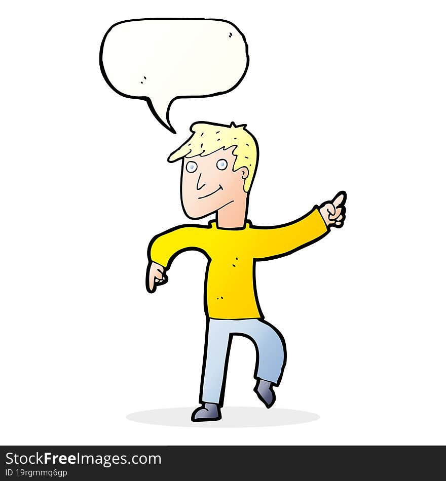 cartoon happy man pointing with speech bubble