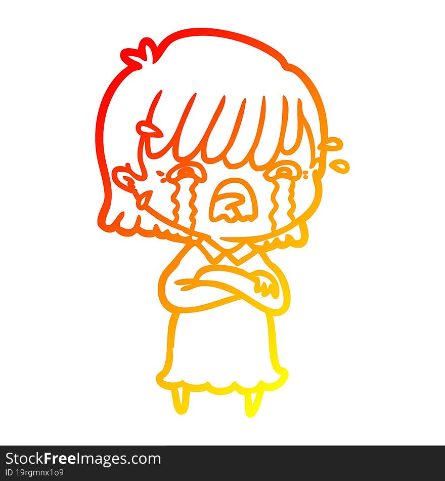 warm gradient line drawing of a cartoon girl crying