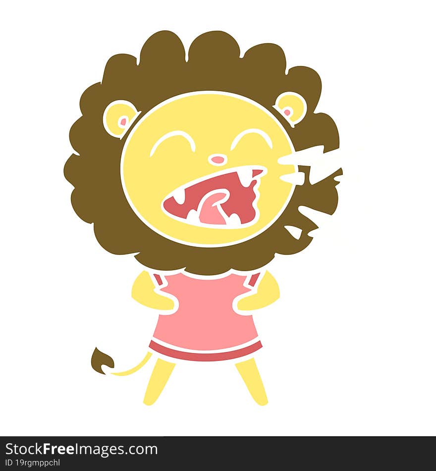 flat color style cartoon roaring lion in dress