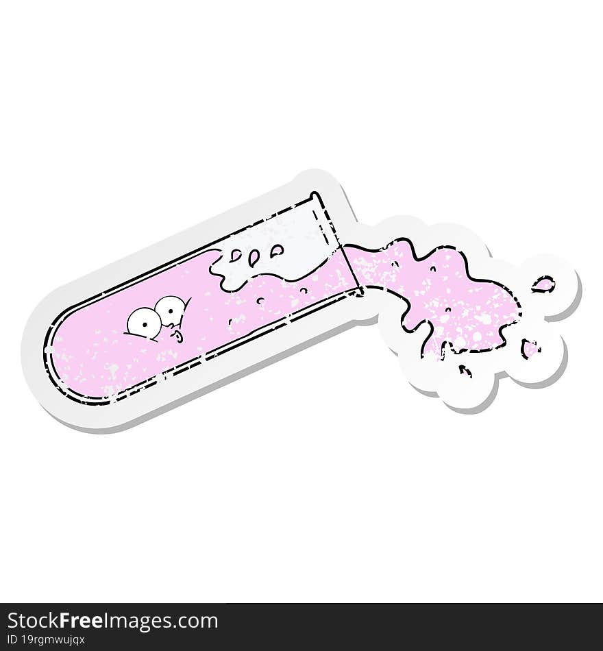 distressed sticker of a cartoon test tube spilling