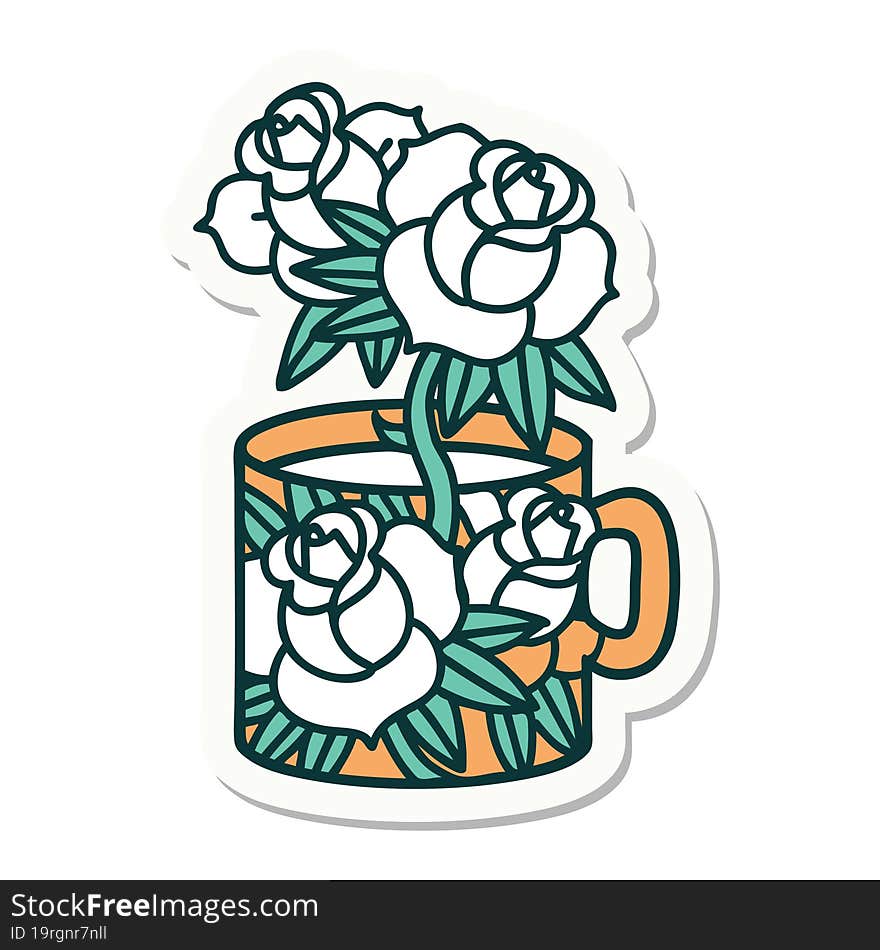 Tattoo Style Sticker Of A Cup And Flowers