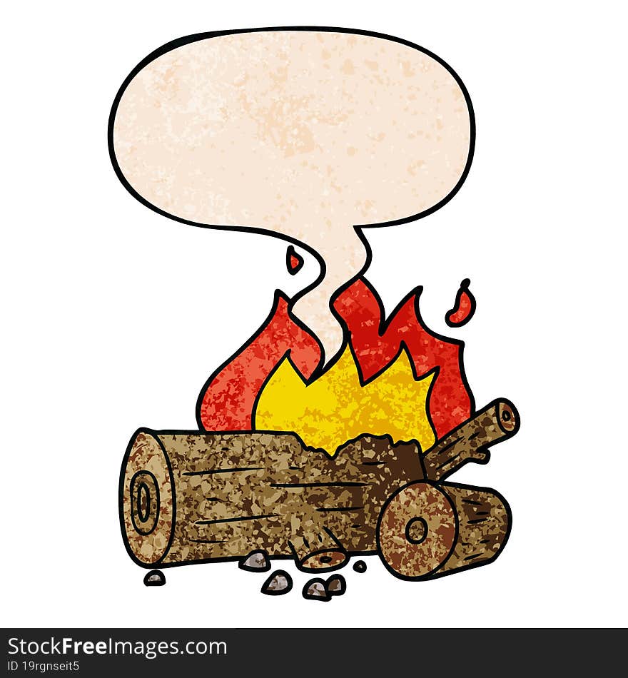 cartoon camp fire with speech bubble in retro texture style