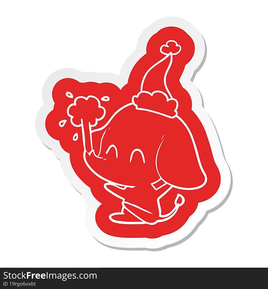 cute cartoon  sticker of a elephant spouting water wearing santa hat