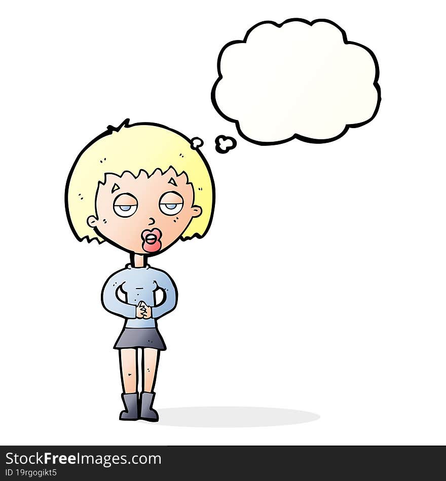 cartoon bored woman waiting with thought bubble