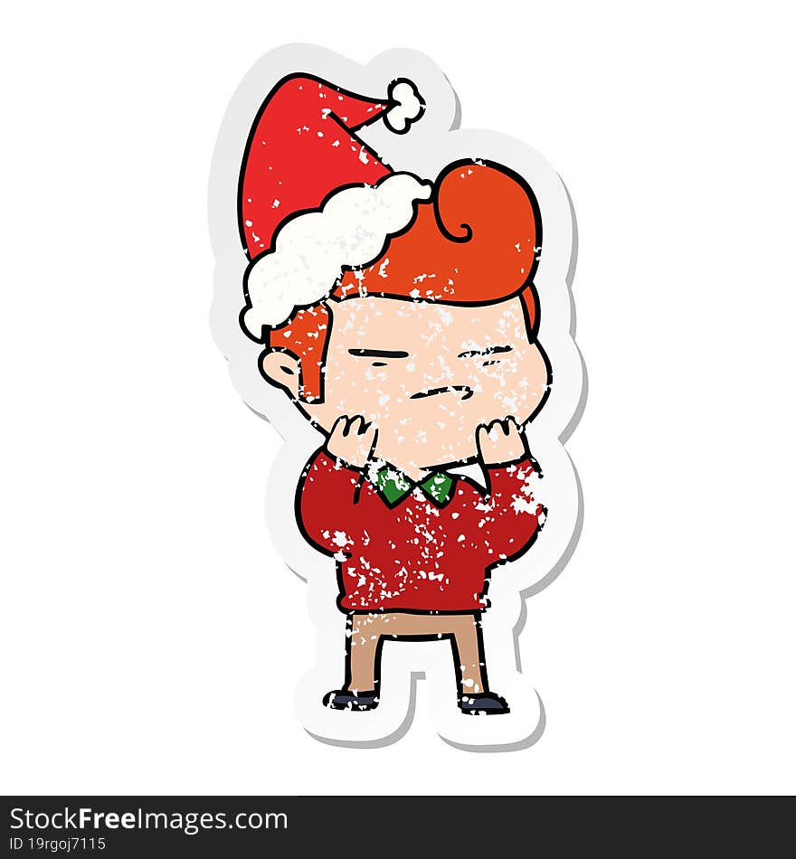 distressed sticker cartoon of a cool guy with fashion hair cut wearing santa hat