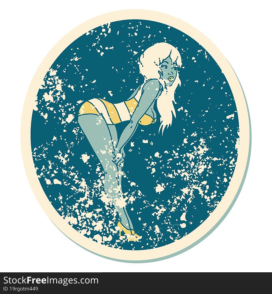 iconic distressed sticker tattoo style image of a pinup girl in swimming costume. iconic distressed sticker tattoo style image of a pinup girl in swimming costume