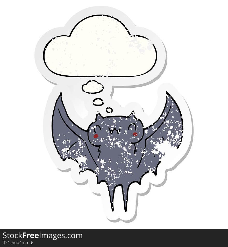 cartoon bat and thought bubble as a distressed worn sticker