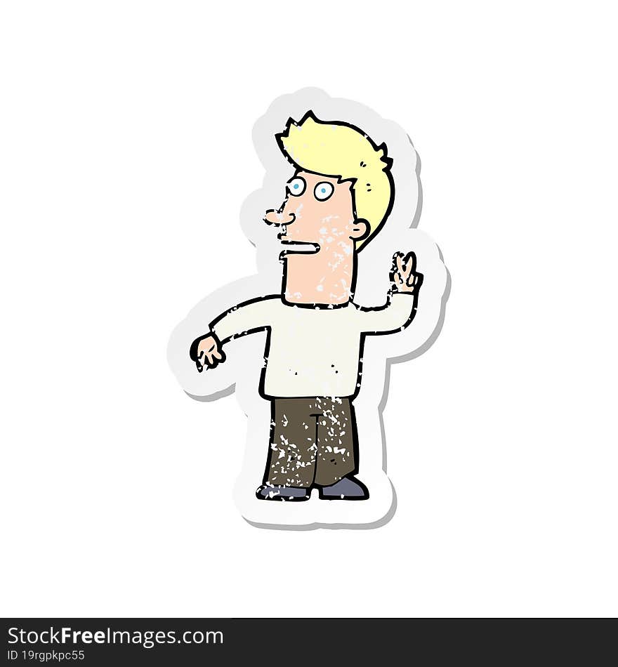 retro distressed sticker of a cartoon man making peace sign