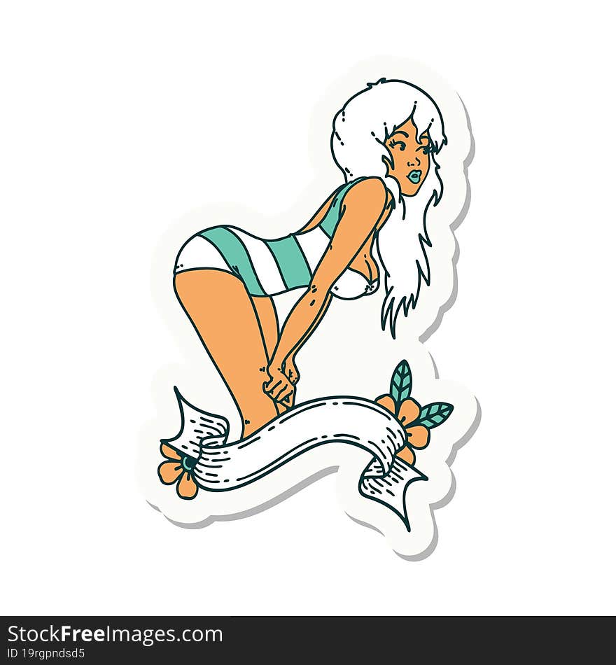 tattoo sticker of a pinup girl in swimming costume with banner