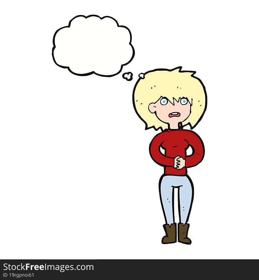 cartoon worried woman with thought bubble