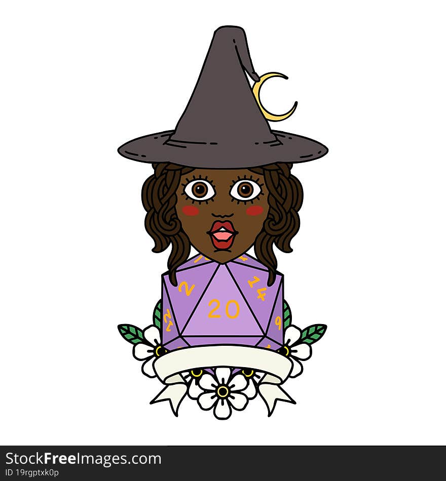 human witch with natural twenty dice roll illustration