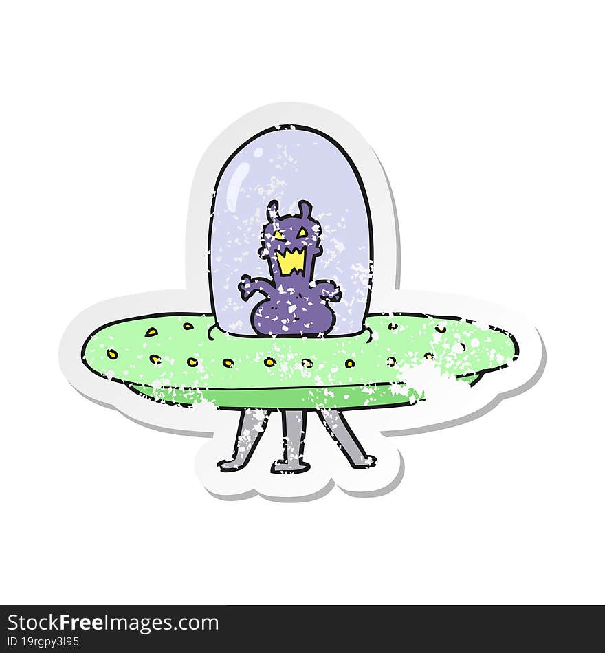 retro distressed sticker of a cartoon alien in flying saucer