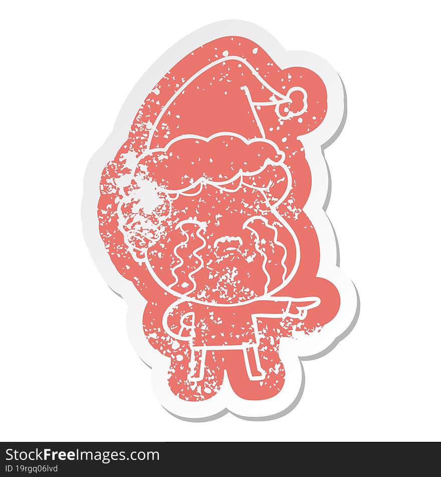 cartoon distressed sticker of a man crying wearing santa hat