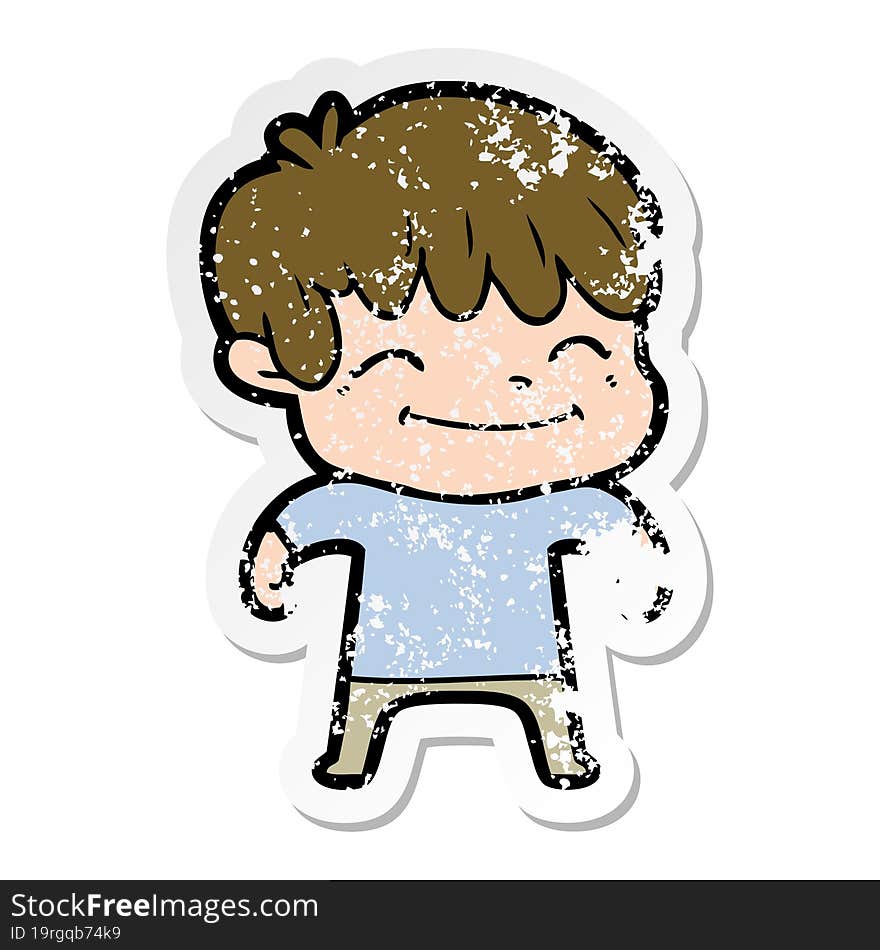 distressed sticker of a happy cartoon boy