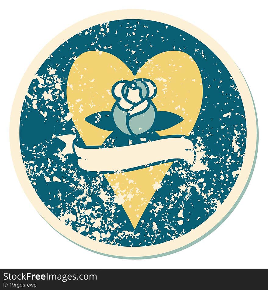 distressed sticker tattoo style icon of a heart rose and banner