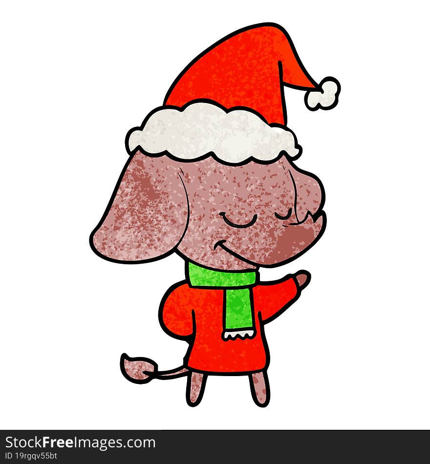 Textured Cartoon Of A Smiling Elephant Wearing Scarf Wearing Santa Hat