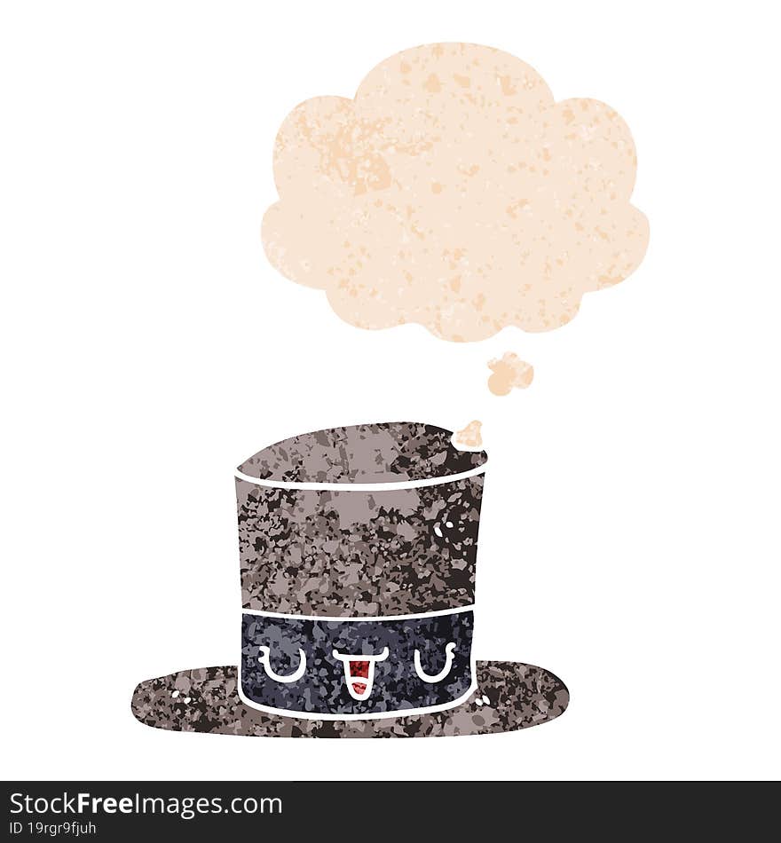 cartoon top hat and thought bubble in retro textured style