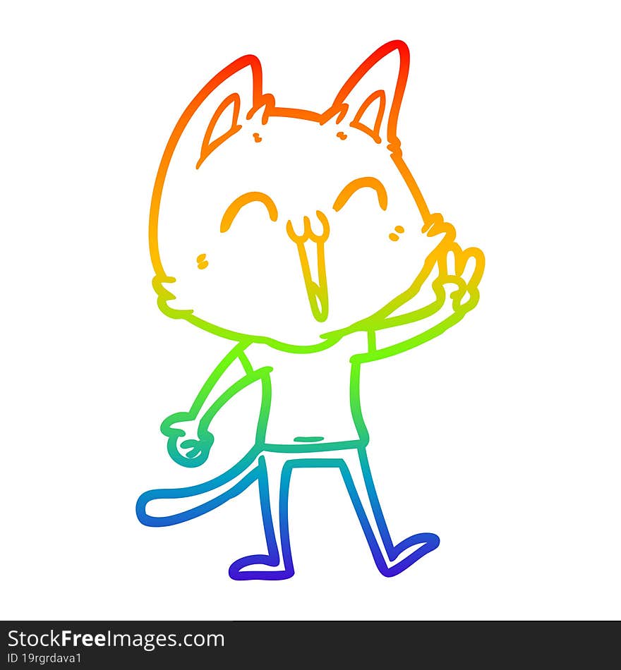 rainbow gradient line drawing happy cartoon cat meowing