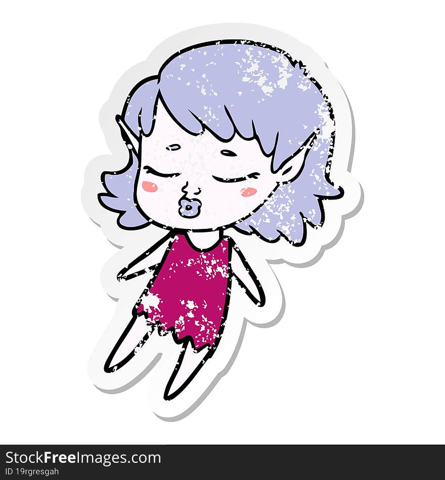 distressed sticker of a pretty cartoon elf girl flying