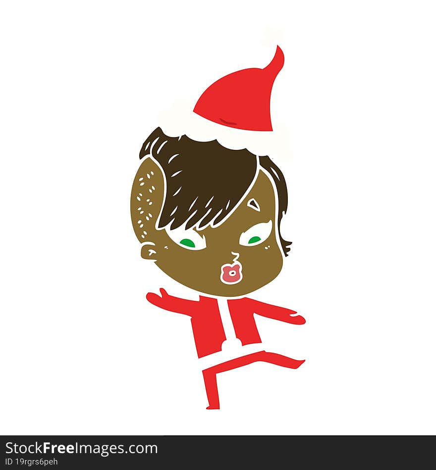 flat color illustration of a surprised girl in science fiction clothes wearing santa hat