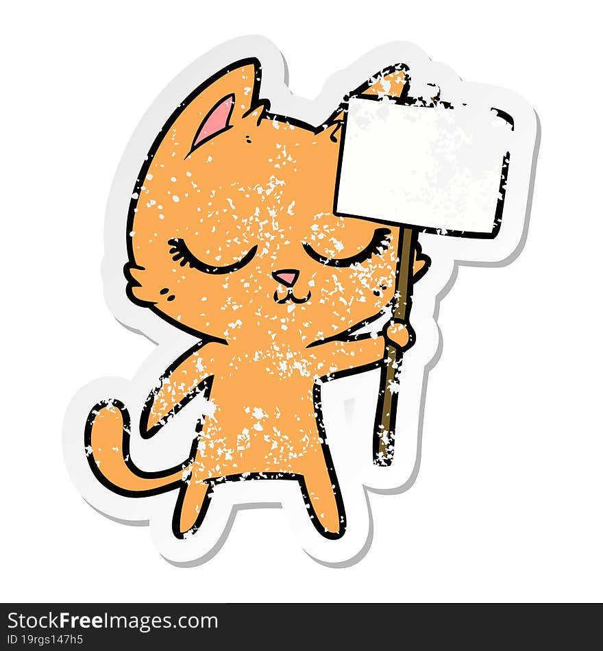 distressed sticker of a calm cartoon cat with placard